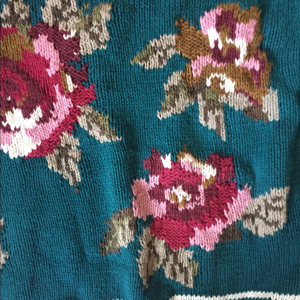 Vintage floral rose Greek key aqua teal sweater M - Picture 3 of 6